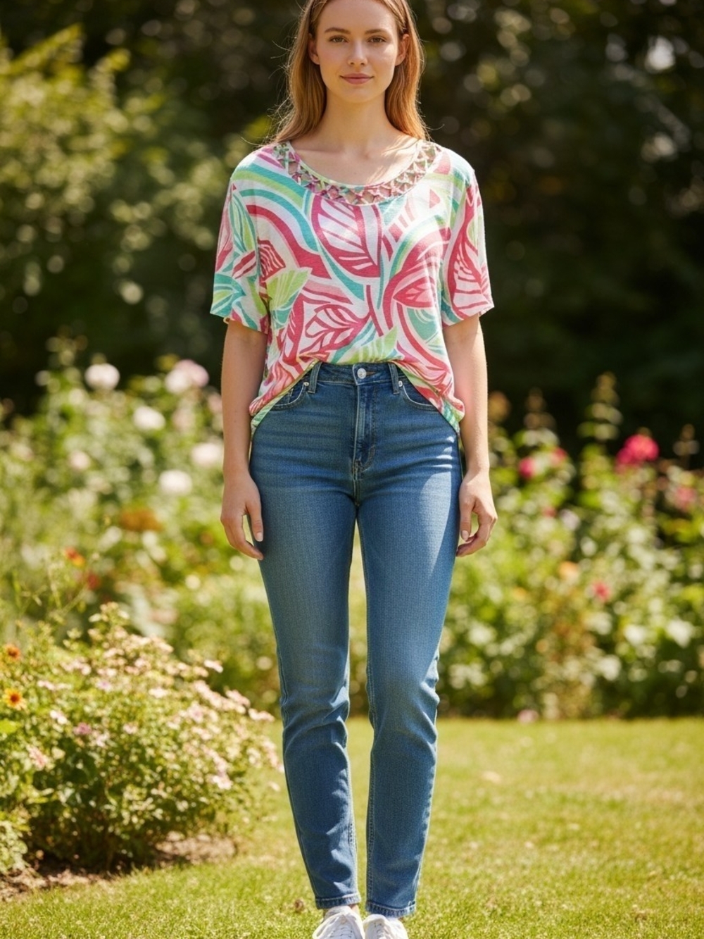 Alfred Dunner Pink & Mint Tropical Scoop Neck Top